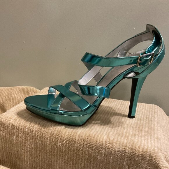 Fioni NIGHT Platform Sandal Heels - Metallic Turquoise Blue - Size 9 - Picture 7 of 8